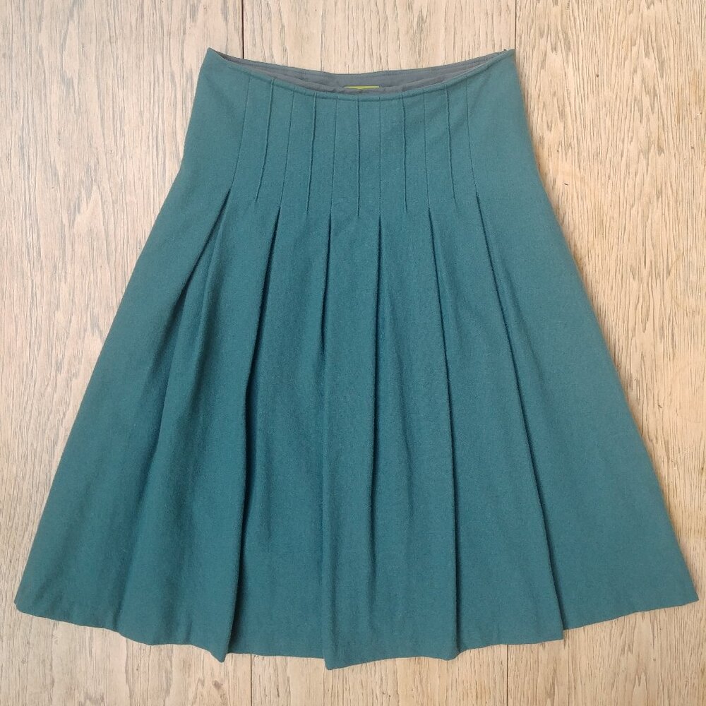 Vintage Jocomomola teal blue green pleated front wool skirt 40 approx S/M
